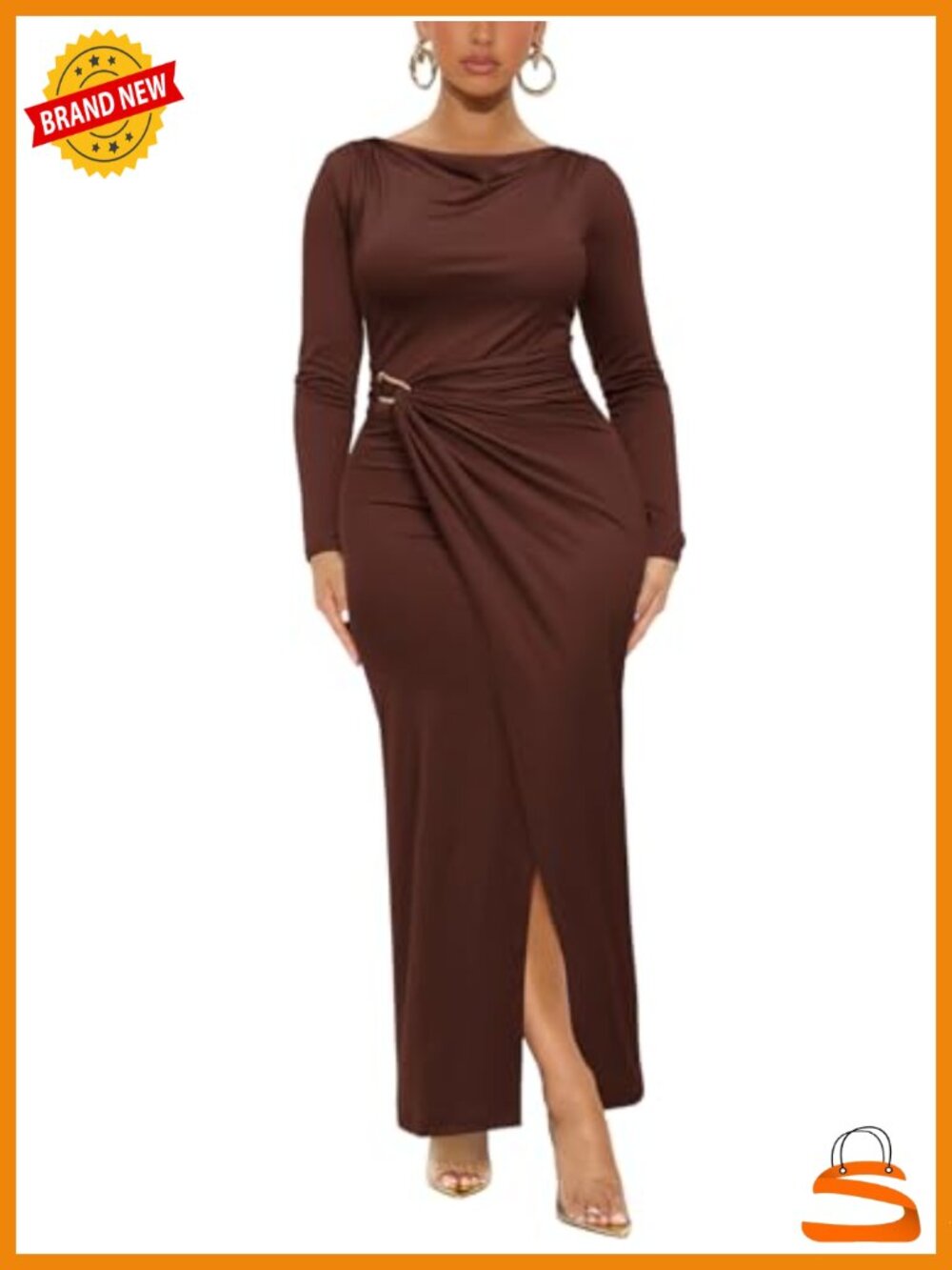 Women's Cowl Neck Long Sleeve Bodycon Maxi Dress Ruched Slit Formal